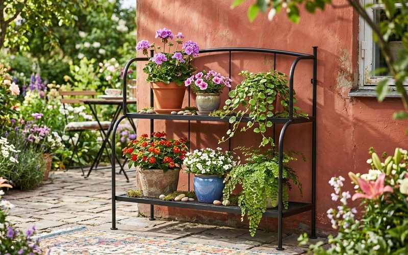 Black metal plant stand with potted flowers in a garden courtyard